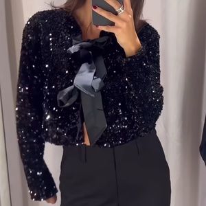 🔥 H&M Tie-Front Sequined Jacket Black sz XS  NWT LAST ONE